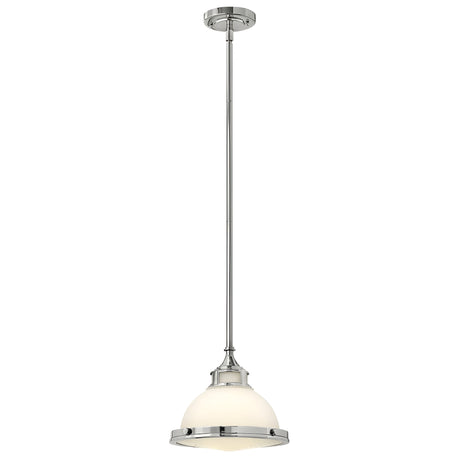 Experience the elegance of the Amelia 1 Light Mini Pendant - Chrome, featuring a polished chrome finish and an opal glass dome shade. It gracefully hangs from a slender rod connected to a round ceiling mount.