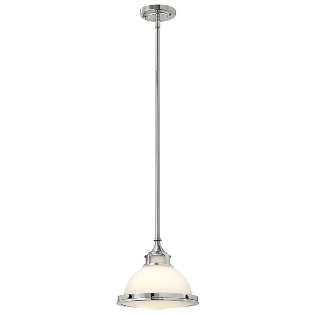 Experience the elegance of the Amelia 1 Light Mini Pendant - Chrome, featuring a polished chrome finish and an opal glass dome shade. It gracefully hangs from a slender rod connected to a round ceiling mount.