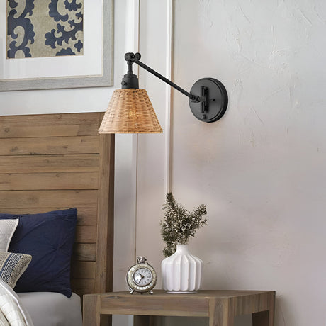 Arti 1 Light Natural Rattan Shade Wall Light - Black