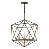 The Astrid 3 Light Chandelier showcases a striking open-frame design in matte bronze and gold, forming a hexagonal shape. Inside, three candle-style bulbs are perched on a golden stem, while the elegant fixture is suspended from the ceiling by a black chain.