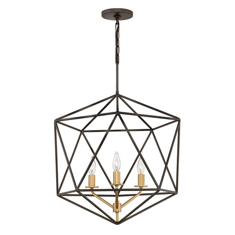The Astrid 3 Light Chandelier showcases a striking open-frame design in matte bronze and gold, forming a hexagonal shape. Inside, three candle-style bulbs are perched on a golden stem, while the elegant fixture is suspended from the ceiling by a black chain.