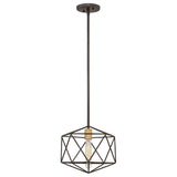The Astrid Mini Pendant in Matte Bronze & Gold embodies geometric elegance with its black metal frame adorned with matte bronze accents and an exposed bulb. Suspended stylishly from the ceiling via a rod, it delivers a modern and minimalist aesthetic.