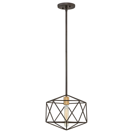 The Astrid Mini Pendant in Matte Bronze & Gold embodies geometric elegance with its black metal frame adorned with matte bronze accents and an exposed bulb. Suspended stylishly from the ceiling via a rod, it delivers a modern and minimalist aesthetic.