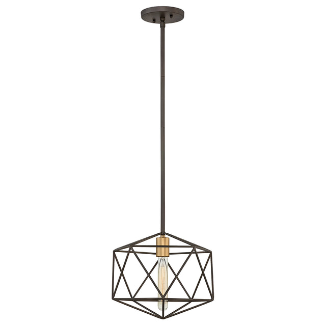 The Astrid Mini Pendant in Matte Bronze & Gold embodies geometric elegance with its black metal frame adorned with matte bronze accents and an exposed bulb. Suspended stylishly from the ceiling via a rod, it delivers a modern and minimalist aesthetic.