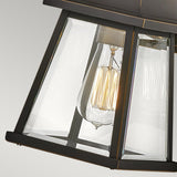 Close-up of the Bainbridge 1 Light Outdoor Small Wall Lantern in a modern bronze finish, featuring bevelled glass panels and showcasing an illuminated vintage-style filament bulb. The background is a neutral gray, which highlights the intricate details and design of the lantern.