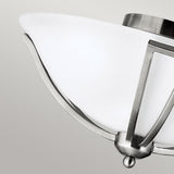 The image highlights the Bolla 2 Light Flush in Brushed Nickel, featuring a white curved glass shade and brushed nickel details against a gray setting. Its design is sleek and contemporary.