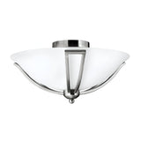 The Bolla 2 Light Flush - Brushed Nickel is a sleek, modern light fixture featuring a frosted glass dome, three curved metal arms, and a central spherical detail. Its elegant brushed nickel accents make it the perfect addition to any contemporary space.