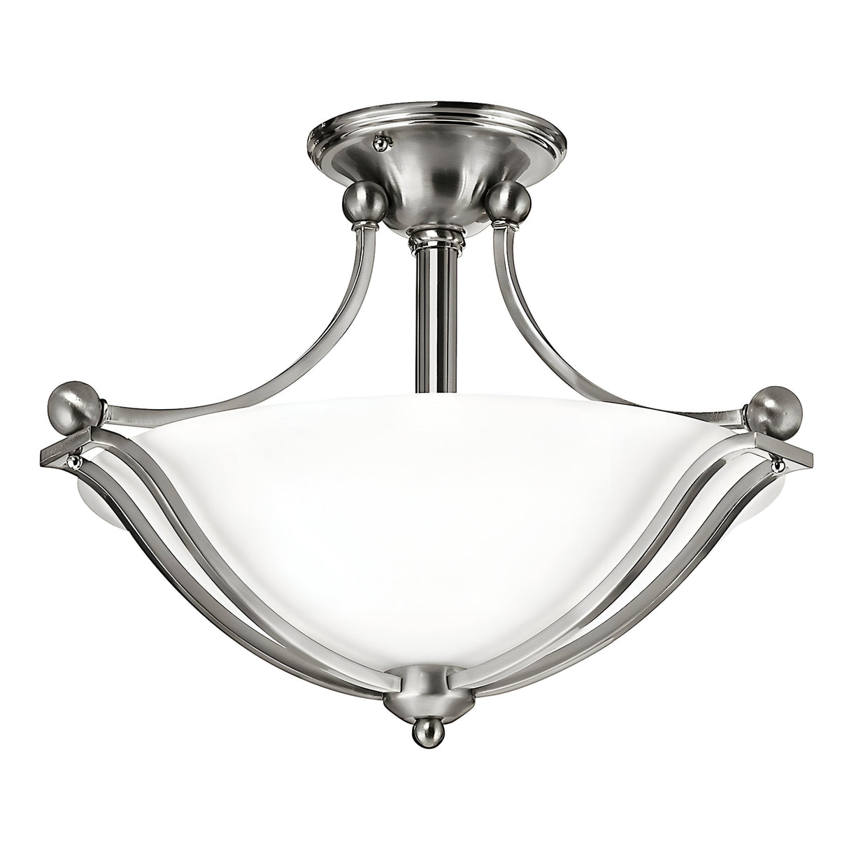 The Bolla 2 Light Semi Flush - Brushed Nickel fixture showcases an elegant design with a brushed nickel finish and frosted white glass shade, complemented by curved metal arms and a central stem connected to a round ceiling mount. This sophisticated piece enhances any home decor beautifully.