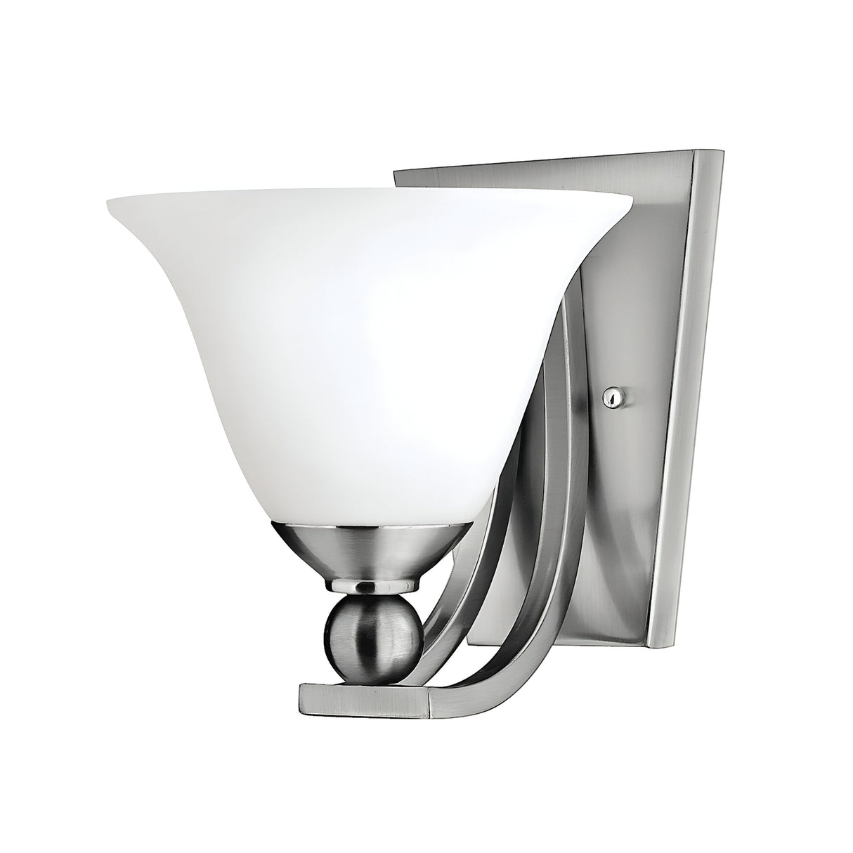 The Bolla 1 Light Wall Light - Brushed Nickel features a contemporary brushed nickel wall sconce design with a white frosted, bell-shaped glass shade, highlighted by a gracefully curved metal arm and an elegant decorative sphere detail.