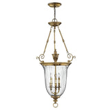 The Cambridge 3 Light Chandelier - Burnished Brass is a vintage-style fixture featuring a transparent glass dome with three candle-like lights. It is supported by ornate brass chains and decorative elements, all crafted in solid brass construction.