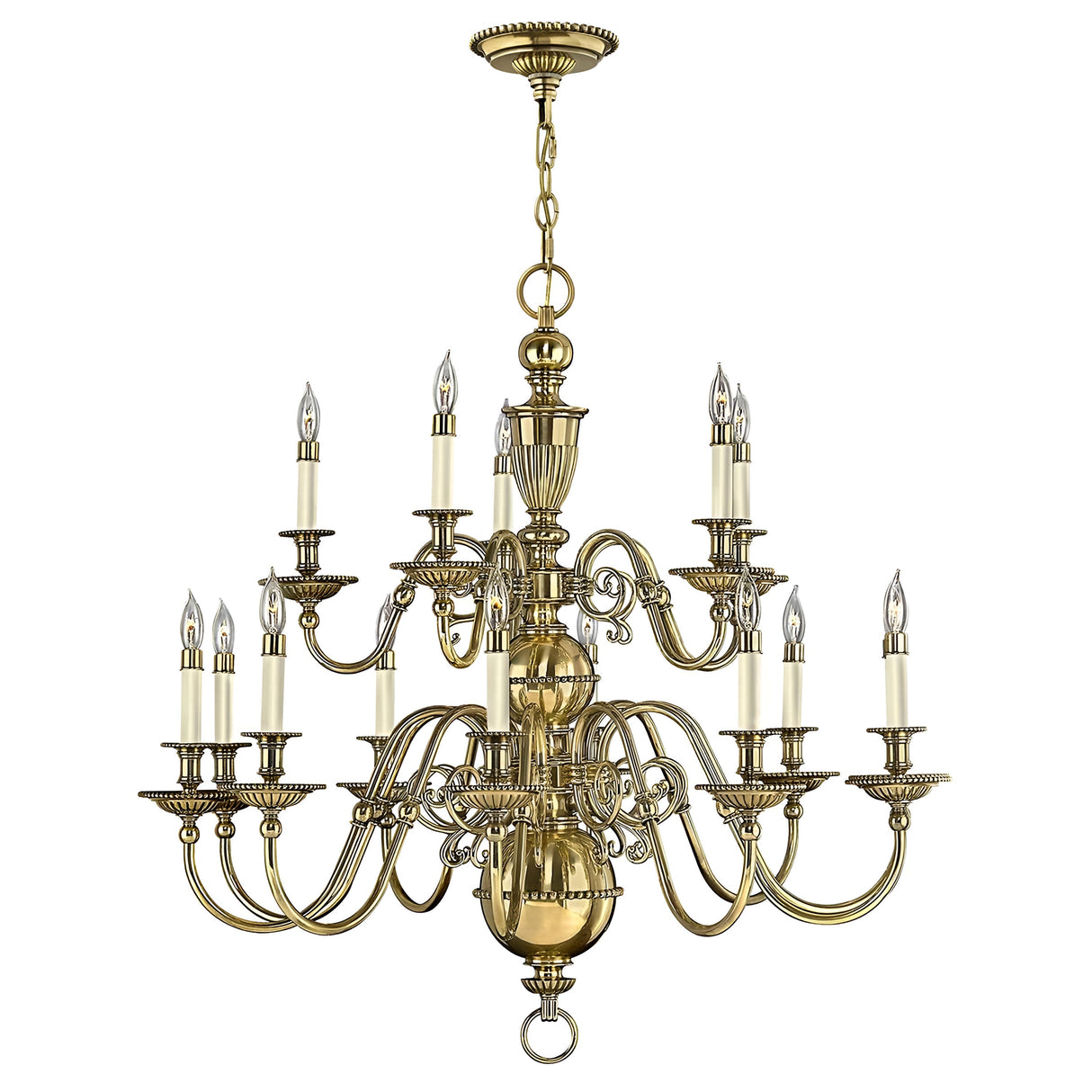 A Cambridge 15 Light Chandelier in burnished brass, featuring a large and elegant design, hangs from a chain. Its multiple arms hold candle-shaped lights, with intricate and ornate detailing along with a polished finish that evokes a classic and sophisticated style.