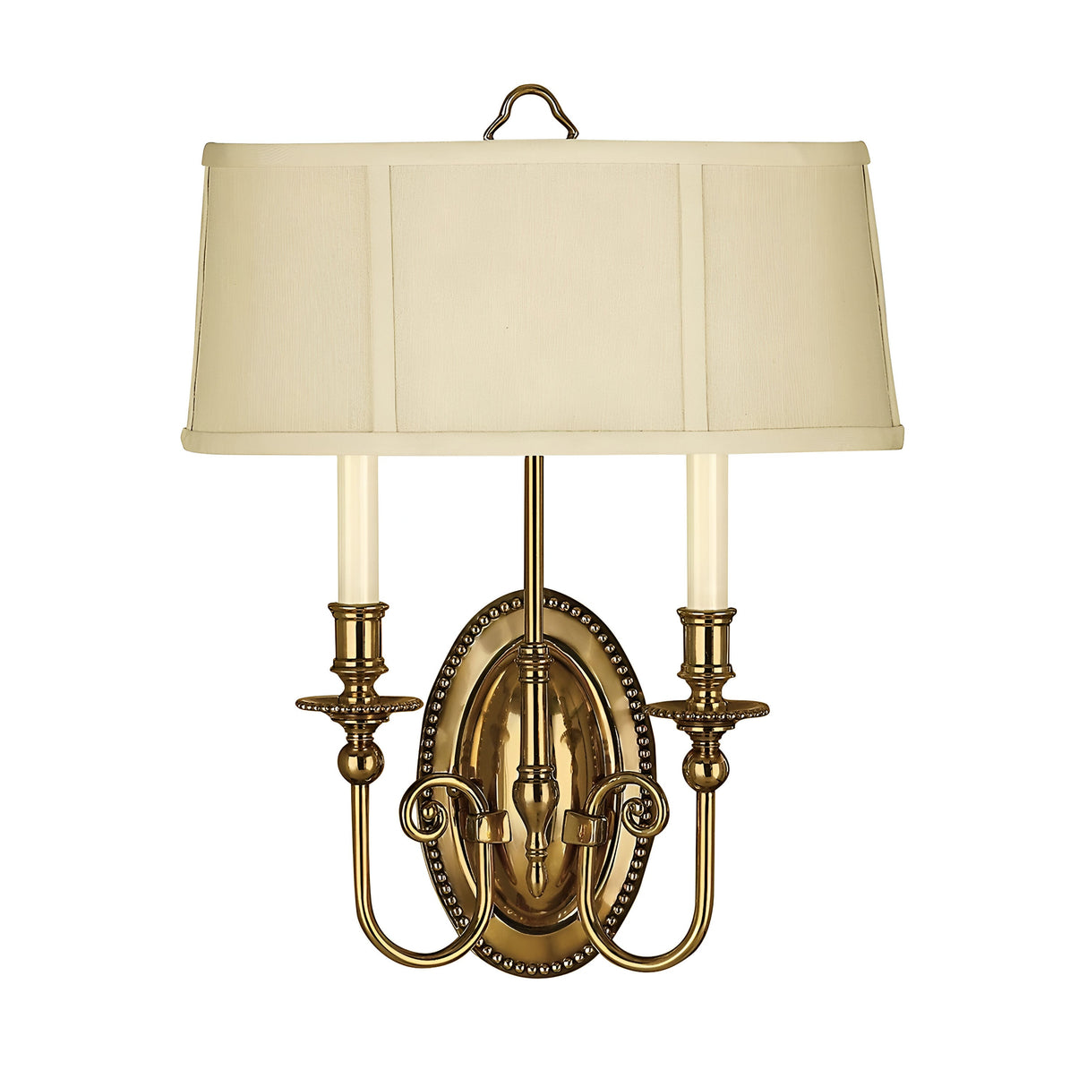 The Cambridge 2 Light Wall Light in burnished brass epitomizes New England style with its dual candle-like bulb holders and large oval backplate. It features a rectangular, ivory fabric shade that complements its classic, elegant design, adding timeless charm to any space.