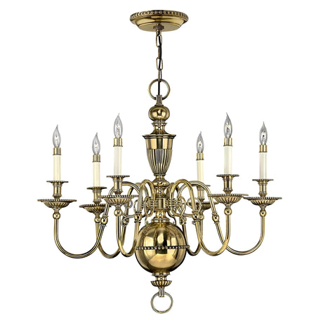 Gorgeous burnished brass chandelier showcasing eight arms, each adorned with a candle-like light. This design highlights intricate detailing and a gleaming finish, akin to the Cambridge 6 Light Chandelier - Burnished Brass, elegantly hanging via a chain and ceiling mount.