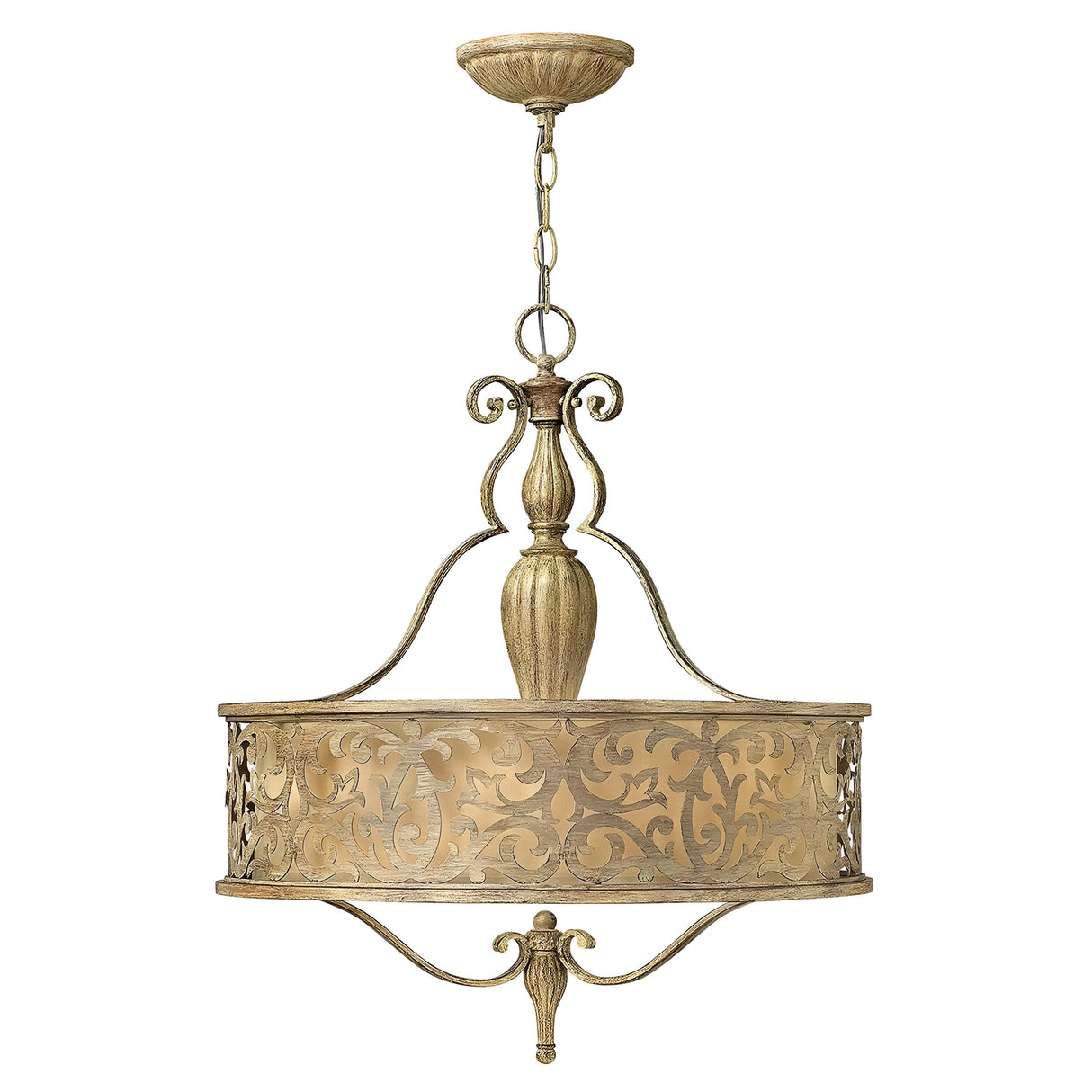 The Carabel 3 Light Chandelier - Brushed Champagne showcases timeless elegance through its vintage-style design and intricate scrollwork on both the circular frame and ornate central column. Suspended by a chain, it provides an elegant lighting solution with a traditional charm.