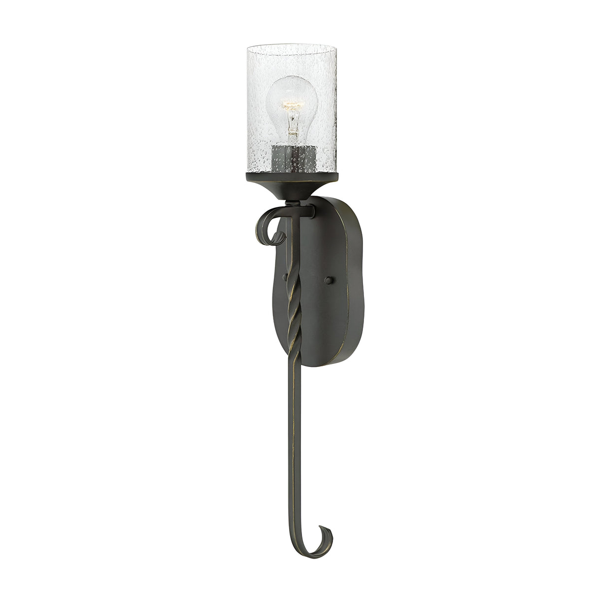 The Casa 1 Light Wall Light - Black is a wall-mounted sconce showcasing a curved design with a clear seedy glass shade and an exposed bulb. This elegant fixture features twisted wrought iron details and a hook-like bottom, adding sophistication to any space.