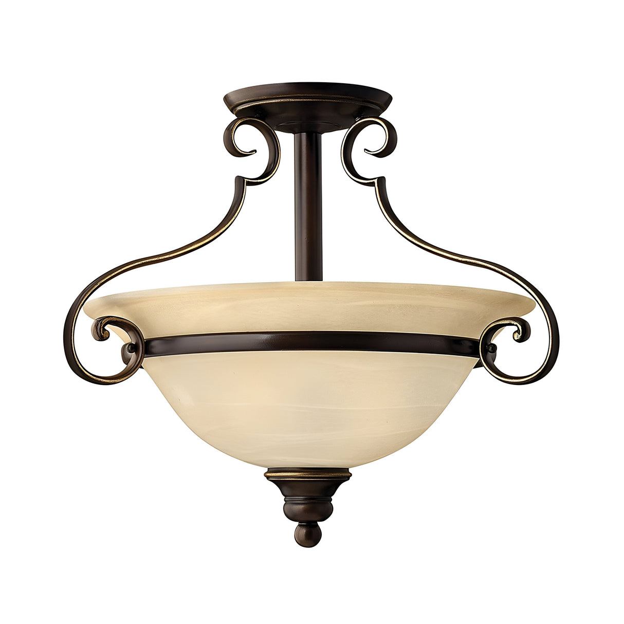 The Cello 2 Light Semi Flush - Antique Bronze features decorative scrollwork and a vintage faux alabaster glass shade, offering an elegant, classic design that complements traditional interiors.