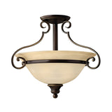 The Cello 2 Light Semi Flush - Antique Bronze features decorative scrollwork and a vintage faux alabaster glass shade, offering an elegant, classic design that complements traditional interiors.