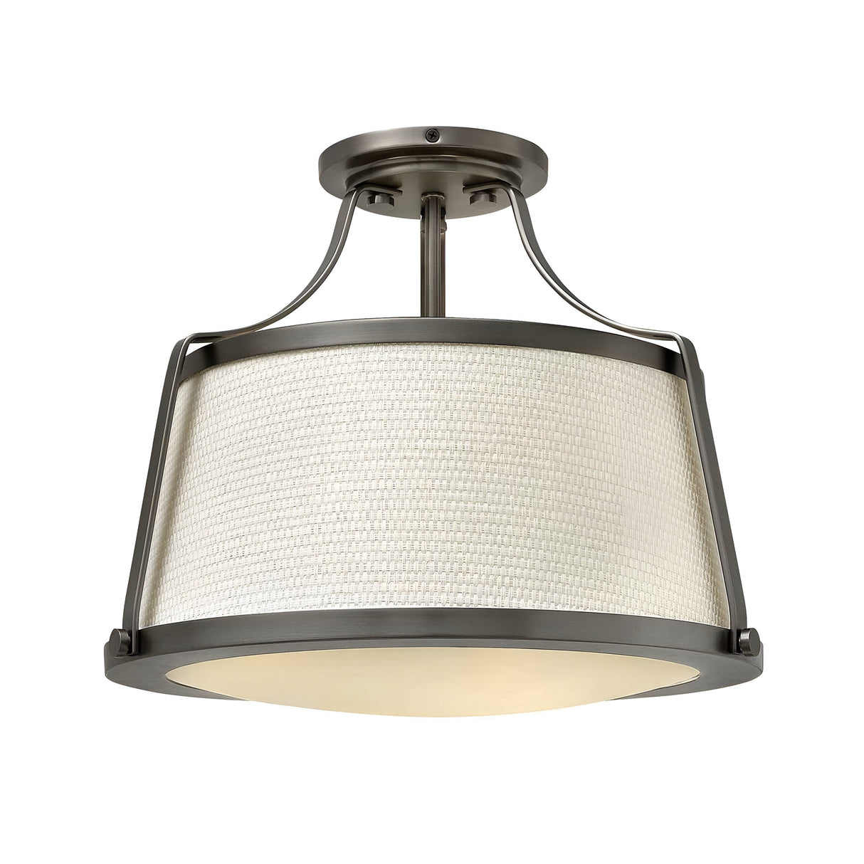 The Charlotte 3 Light Semi Flush - Antique Nickel With Linen Shade ceiling fixture showcases a cylindrical, textured white linen shade paired with an antique nickel metal frame. Its sleek design mounts close to the ceiling, delivering a contemporary yet timeless appearance.