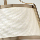 Close-up of the Charlotte 3 Light Semi Flush, featuring a woven-textured beige linen shade and a brushed gold metal frame. With its clean lines, this design exudes a modern, elegant appearance.