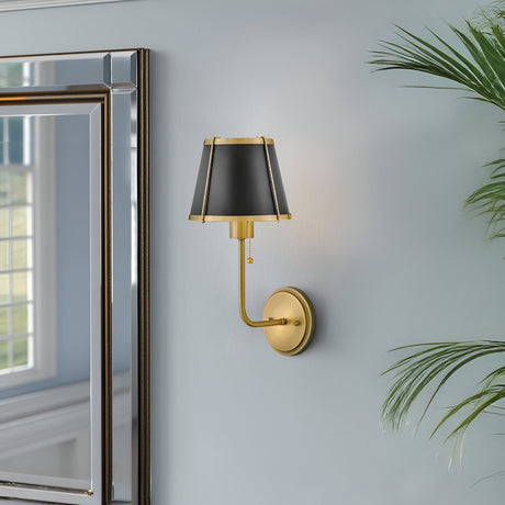 Clarke 1 Wall Light With Pull Switch - Warm Brass & Black Metal Shade