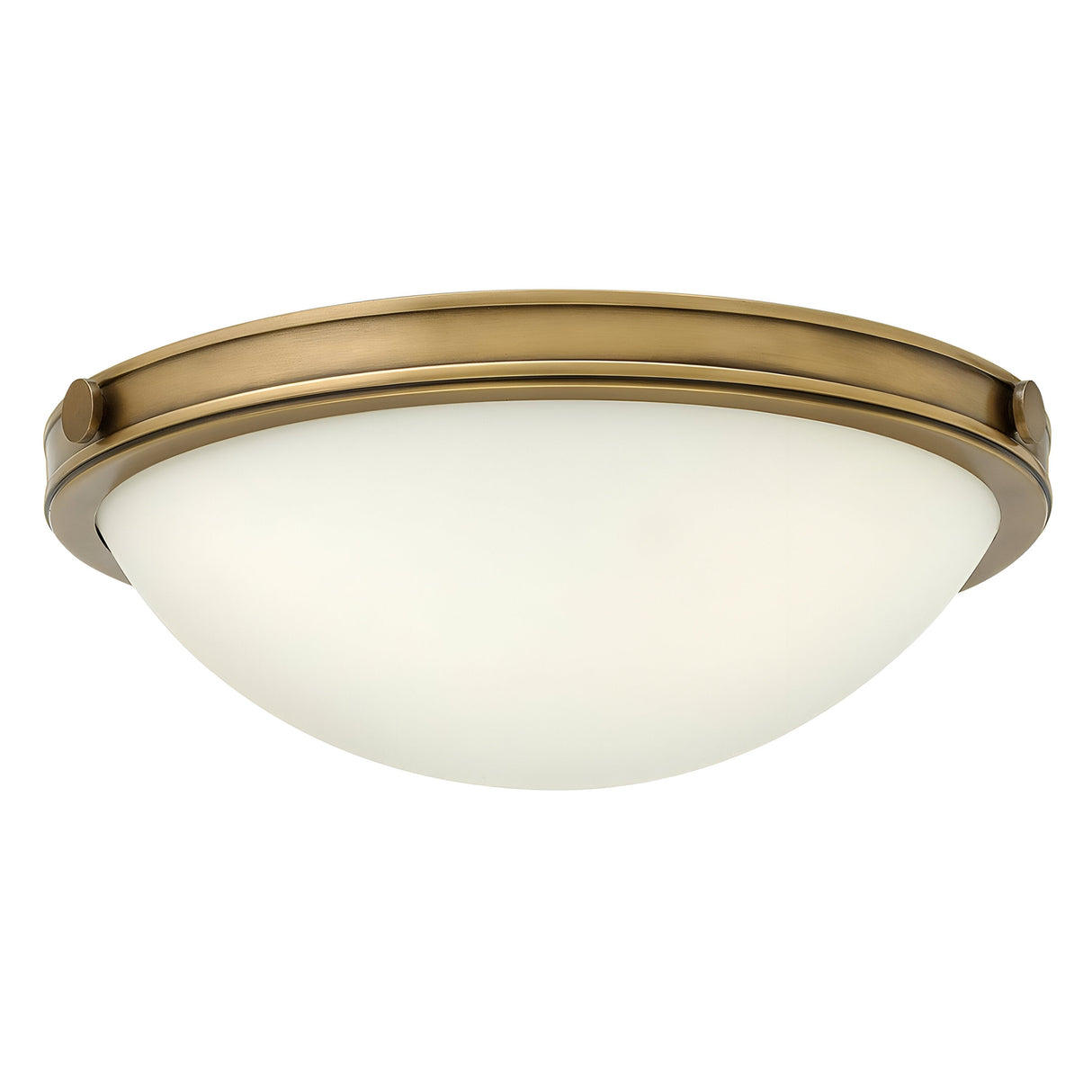 The Collier 2 Light Small Flush - Heritage Brass boasts a round, dome-shaped design with a frosted glass shade, highlighted by a metal rim in Heritage Brass. This chic flush mount light brings an elegant touch to any room.