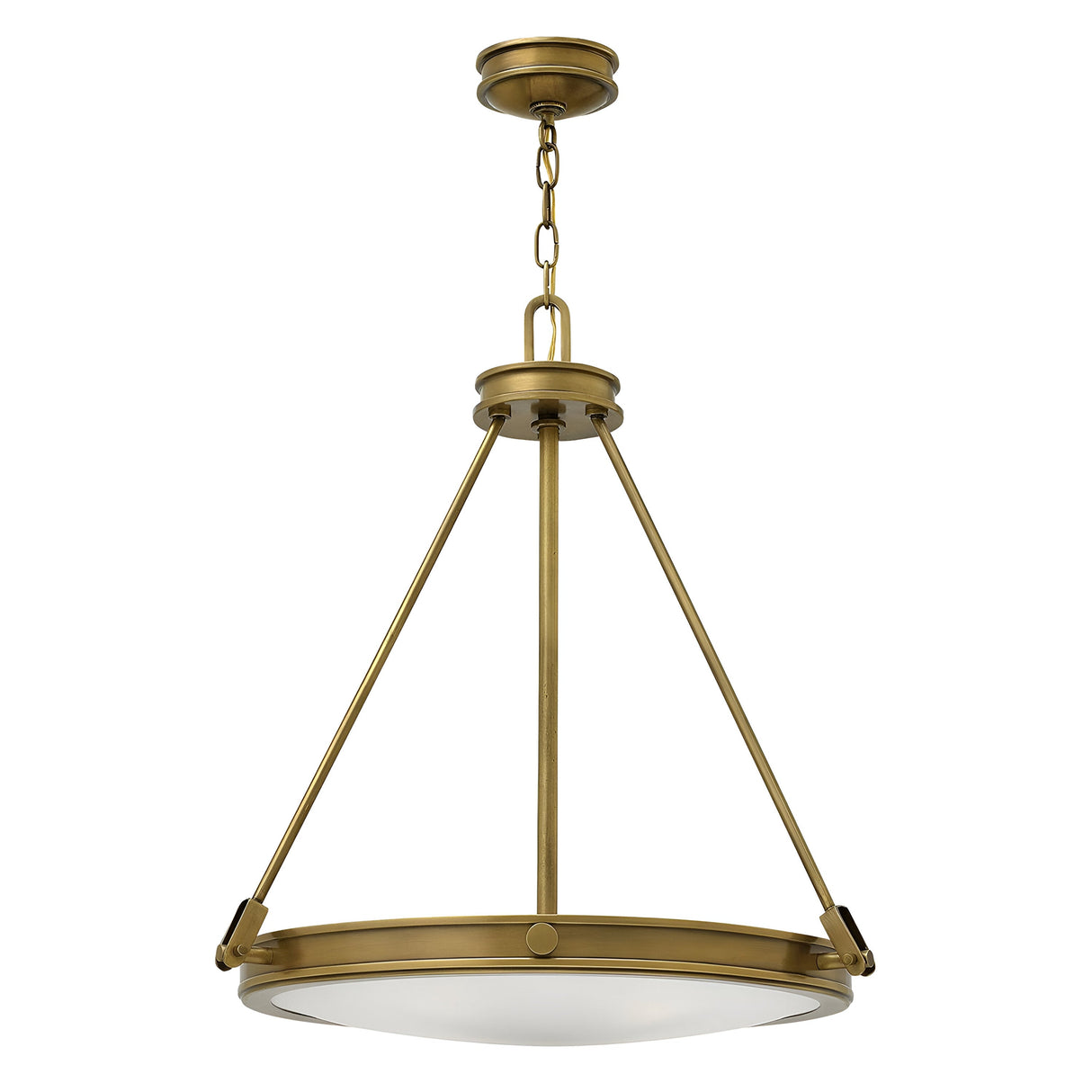 The Collier 4 Light Chandelier in Heritage Brass showcases a striking mid-century design with a circular shape and a frosted glass diffuser. It features four light sources and three metal rods connected to a central chain for ceiling suspension.