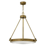 The Collier 4 Light Chandelier in Heritage Brass showcases a striking mid-century design with a circular shape and a frosted glass diffuser. It features four light sources and three metal rods connected to a central chain for ceiling suspension.