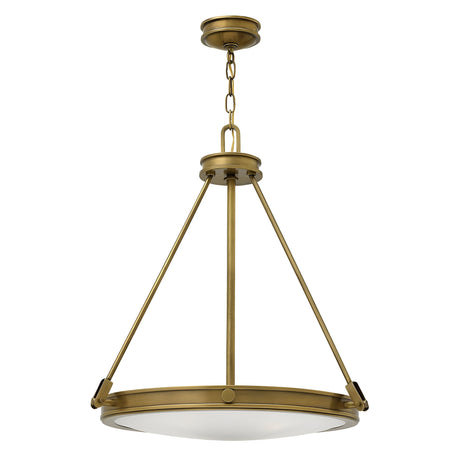The Collier 4 Light Chandelier in Heritage Brass showcases a striking mid-century design with a circular shape and a frosted glass diffuser. It features four light sources and three metal rods connected to a central chain for ceiling suspension.