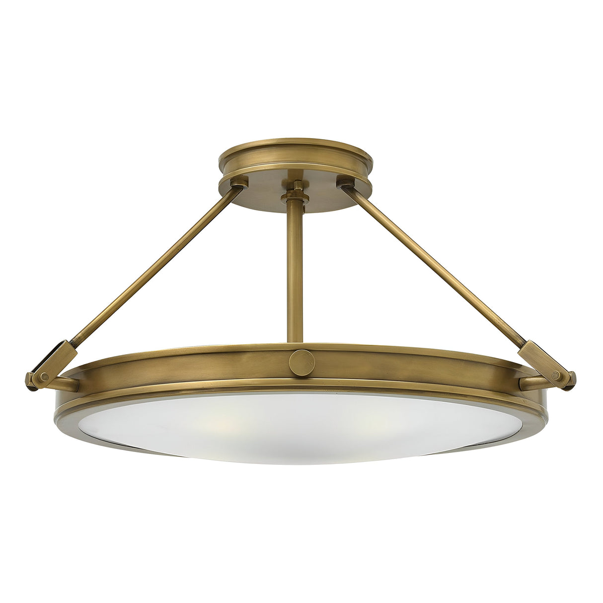 The Collier 4 Light Large Semi Flush in Heritage Brass exhibits a contemporary design with a round, frosted glass diffuser. It is supported by three angled rods connected to a circular mount, embodying the sleek and elegant style characteristic of the collection.