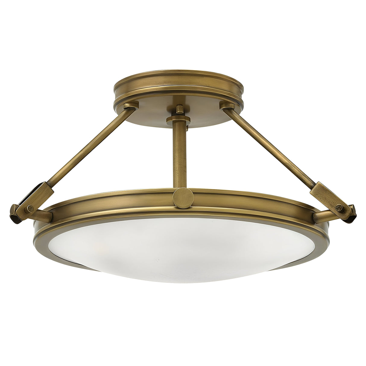 The Collier 3 Light Semi Flush in Heritage Brass is a circular fixture that includes three angled support rods connected to a central canopy, complete with a frosted glass diffuser, providing a contemporary and elegant look.