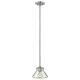 The Congress 1 Light Clear Glass Pendant in Chrome is a contemporary pendant light featuring a conical shade that elegantly displays an LED filament lamp. It is stylishly suspended from a straight rod connected to a ceiling mount.