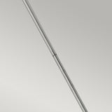 A close-up image of a sleek, minimalist pen with a chrome finish is positioned diagonally against a neutral gray background, echoing the elegance of the Congress 1 Light Clear Glass Pendant in Chrome.