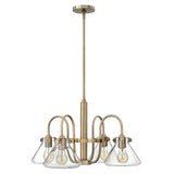 The Congress 4 Light Clear Glass Chandelier in Brushed Caramel boasts a sleek, modern design with four curved arms. Each arm supports a cone-shaped shade that reveals visible bulbs, while the gold fixture is accentuated by a vintage touch, elegantly blending classic and contemporary styles.
