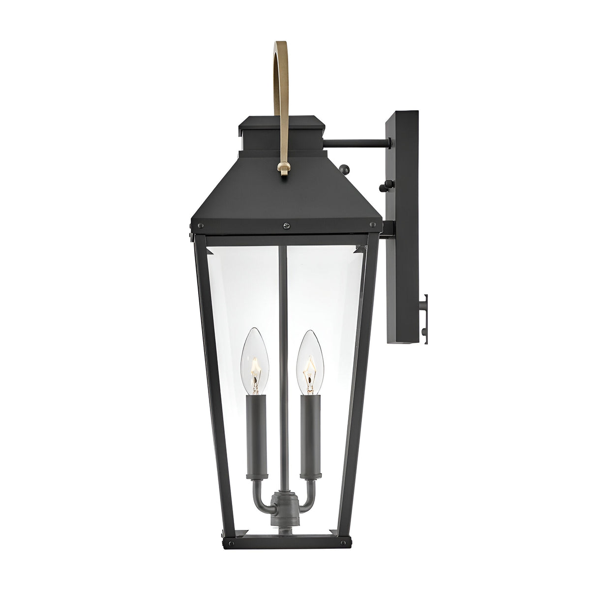 The Dawson 1 Light Outdoor Large Wall Lantern in Black Oxide features a rectangular glass enclosure, two candle-style bulbs, and a curved brass handle—perfect for adding stylish exterior lighting to your home.