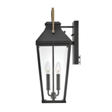 The Dawson 1 Light Outdoor Large Wall Lantern in Black Oxide features a rectangular glass enclosure, two candle-style bulbs, and a curved brass handle—perfect for adding stylish exterior lighting to your home.