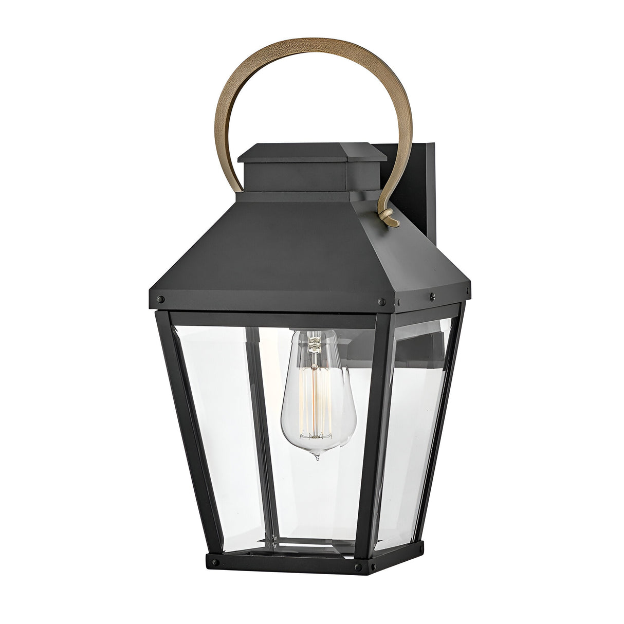 The Dawson 1 Light Outdoor Medium Wall Lantern in Black Oxide features clear glass panels, a visible bulb, and a gold handle detail—ideal for patio lighting.