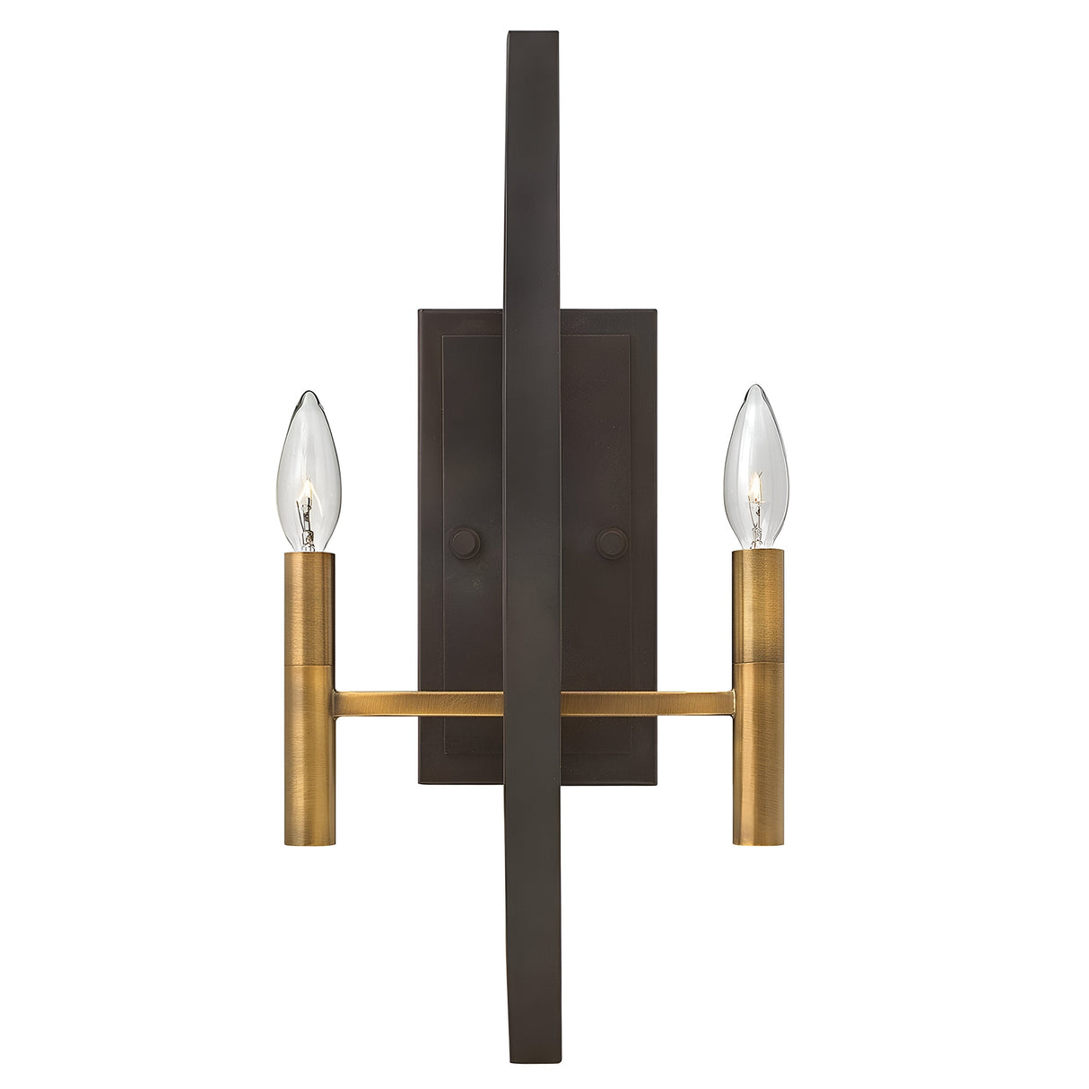 Introducing the Euclid 2 Light Wall Light - Bronze, a modern wall sconce showcasing a sleek black vertical backplate and horizontal brass fixture arms. Each arm supports a candle-shaped clear bulb, creating a minimalist design that exudes contemporary style with its sophisticated blend of dark and golden tones for an elegant two-tone finish.