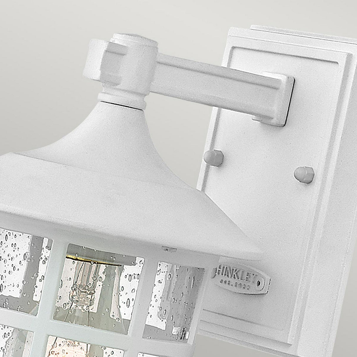 Close-up of the Freeport 1 Light Outdoor Small Wall Lantern in white, featuring a rectangular backplate. The lantern showcases clear glass panes with raindrop textures and a grid design, revealing the bulb inside. HINKLEY's name is engraved on the backplate, signifying its status as an IP44 rated, weather-resistant fixture.
