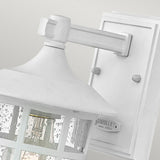 Close-up of the Freeport 1 Light Outdoor Small Wall Lantern in white, featuring a rectangular backplate. The lantern showcases clear glass panes with raindrop textures and a grid design, revealing the bulb inside. HINKLEY's name is engraved on the backplate, signifying its status as an IP44 rated, weather-resistant fixture.
