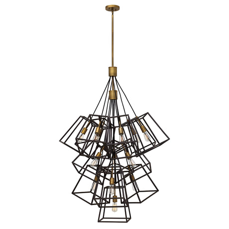 The Fulton 13 Light Large Chandelier in Bronze and Brass features a modern design with multiple geometric metal frames, forming a clustered arrangement that highlights exposed bulbs within each frame. The vintage industrial fixture artfully combines bronze and brass tones to achieve an elegant and contemporary appearance.