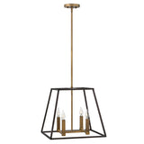 The Fulton 4 Light Pendant Chandelier - Bronze & Brass is a minimalist fixture that showcases a geometric square metal frame with an elegant bronze and brass finish. It features four candle-style bulbs and is gracefully suspended from a single rod, bringing a modern touch to any space.