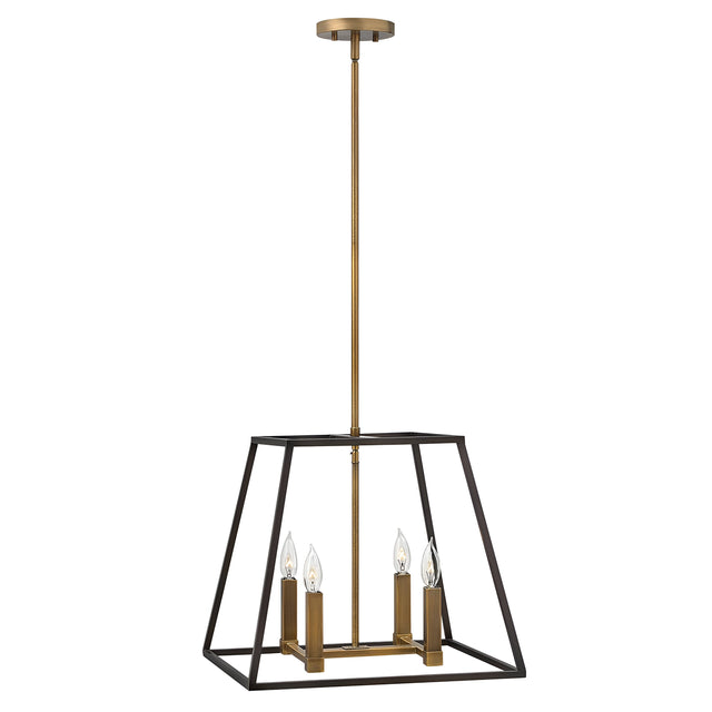 The Fulton 4 Light Pendant Chandelier - Bronze & Brass is a minimalist fixture that showcases a geometric square metal frame with an elegant bronze and brass finish. It features four candle-style bulbs and is gracefully suspended from a single rod, bringing a modern touch to any space.