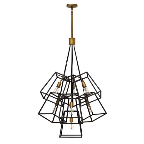 The Fulton 7 Light Chandelier - Bronze & Brass features a sleek geometric design made of interlocking black metal cubes surrounding exposed bulbs. It hangs gracefully from a bronze and brass rod, bringing a contemporary flair to any room.