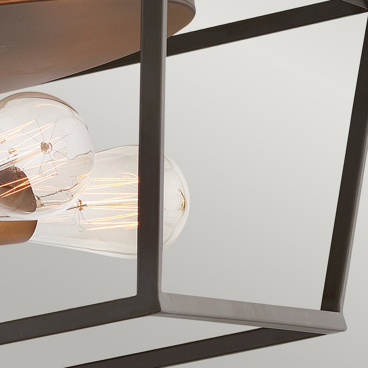 Close-up of the Fulton 4 Light Flush - Bronze & Brass, a modern light fixture featuring two exposed Edison bulbs within a black geometric metal frame. Exhibiting an industrial aesthetic, the horizontally oriented bulbs showcase their glowing filaments. The neutral background enhances the minimalist design and flush mount appeal.