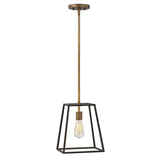 The Fulton 1 Light Pendant - Bronze & Brass is a contemporary pendant light with a vintage industrial design, showcasing a geometric black frame and an exposed bulb, suspended from a brass-hued rod attached to a circular ceiling mount.