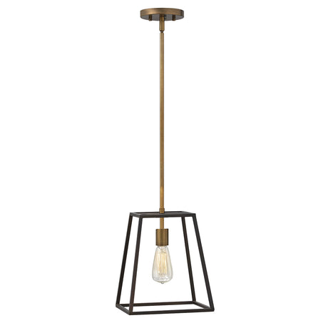 The Fulton 1 Light Pendant - Bronze & Brass is a contemporary pendant light with a vintage industrial design, showcasing a geometric black frame and an exposed bulb, suspended from a brass-hued rod attached to a circular ceiling mount.
