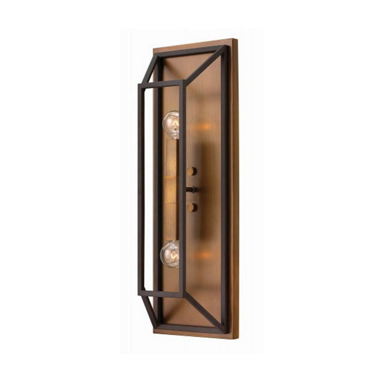 The Fulton 2 Light Wall Light in a bronze and brass finish showcases a modern rectangular metal frame with two exposed light bulbs. Its sleek geometric design combines contemporary and vintage industrial aesthetics, seamlessly integrating minimalist elements for an elegant touch.