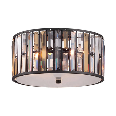 The Gemma 3 Light Flush fixture in Vintage Bronze combines a black frame with dangling crystal-like prisms, exuding modern elegance. It casts a warm glow, while its vintage bronze accents enhance charm, seamlessly blending contemporary style with classic allure for any interior setting.