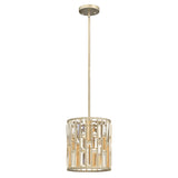 The Gemma 1 Light Mini Pendant - Gold features a cylindrical metal frame adorned with vertical rectangular cutouts and finished in a luxurious gold hue. Inside, crystal prisms gently diffuse the light from small bulbs, creating a warm ambiance. It is stylishly suspended from a slender rod connected to a circular ceiling mount.