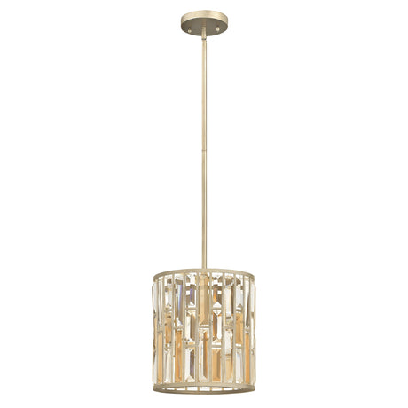 The Gemma 1 Light Mini Pendant - Gold features a cylindrical metal frame adorned with vertical rectangular cutouts and finished in a luxurious gold hue. Inside, crystal prisms gently diffuse the light from small bulbs, creating a warm ambiance. It is stylishly suspended from a slender rod connected to a circular ceiling mount.